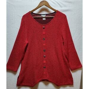 Multiples 1X Red Textured Knit Pullover Sweater 3/4 Sleeve Faux Button Top